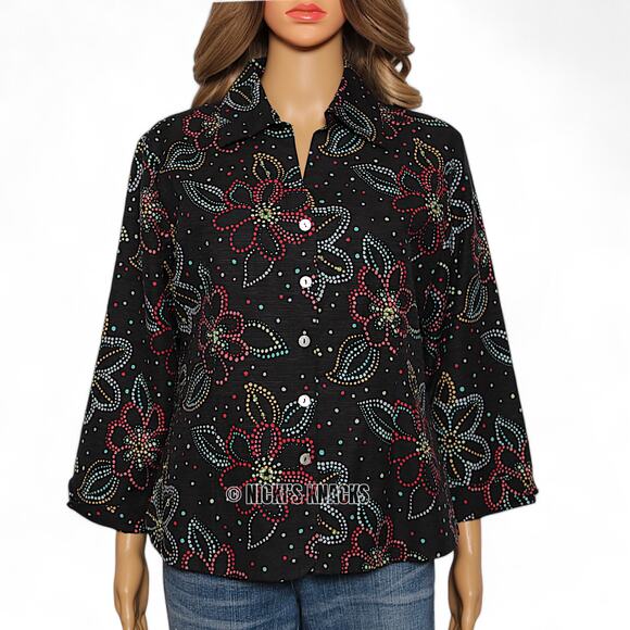 Silk Land Vintage Sequin Floral Blazer Jacket Black Multicolor Silk Size M Retro - Picture 2 of 10